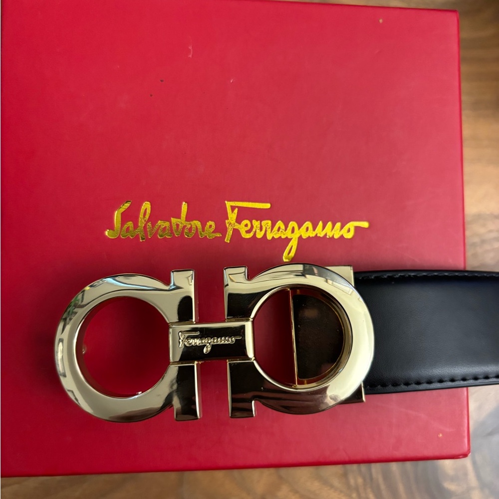 Salvatore Ferragamo Black Leather Belt with Gold Double Gancini Buckle